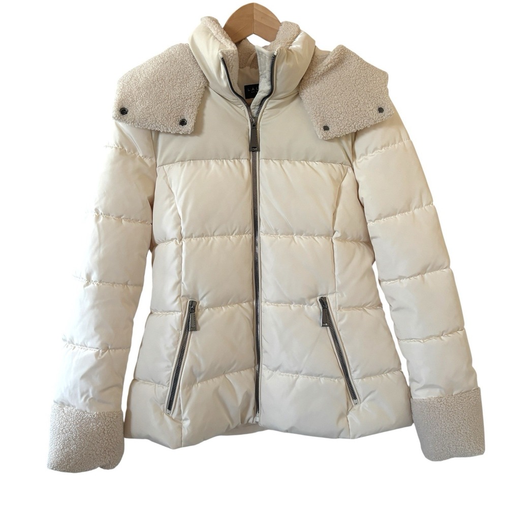 Laundry Shelli Segal Women Puffer Jacket Size Small Quilted Faux Trim Cozy White